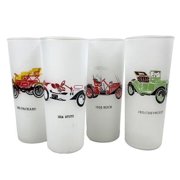 Frosted High Ball Glasses Vintage Barware Hazel Atlas Antique Autos Set of 4 - Picture 1 of 8